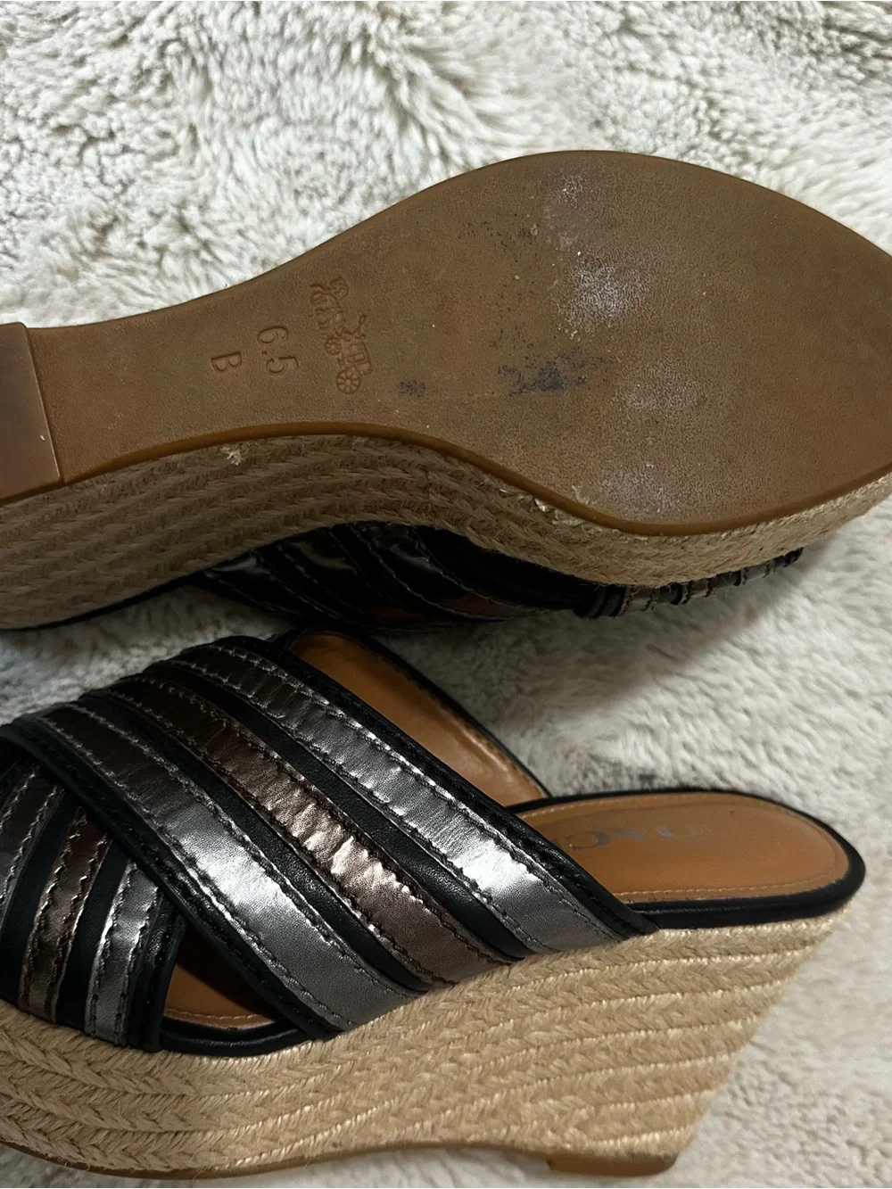 Coach Black and Brown Striped Espadrille Wedge Slide